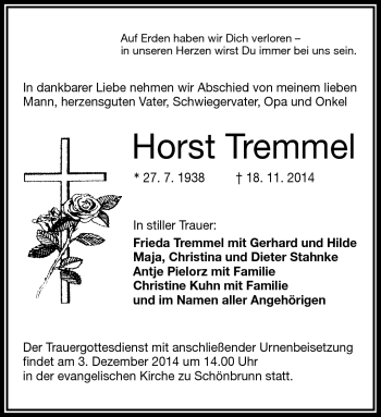 Traueranzeige von Horst Tremmel von Frankenpost
