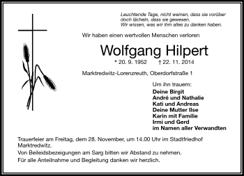 Traueranzeige von Wolfgang Hilpert von Frankenpost