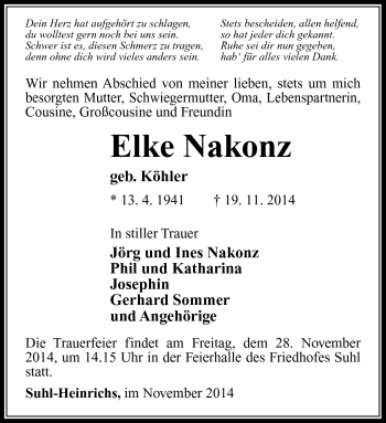 Traueranzeige von Elke Nakonz von Südthüringer Presse