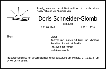 Traueranzeige von Doris Schneider-Glomb von Neue Presse Coburg