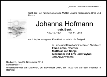 Traueranzeige von Johanna Hofmann von Neue Presse Coburg