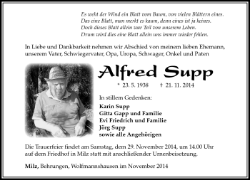 Traueranzeige von Alfred Supp von Südthüringer Presse