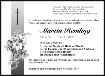 Traueranzeige von Martin Hemling von Südthüringer Presse