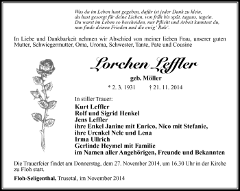 Traueranzeige von Lorchen Leffler von Südthüringer Presse