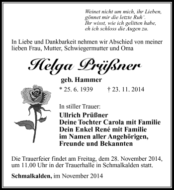 Traueranzeige von Helga Prüßner von Südthüringer Presse