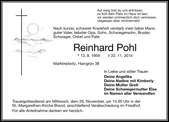 Traueranzeige von Reinhard Pohl von Frankenpost