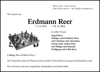Traueranzeige von Erdmann Reer von Neue Presse Coburg