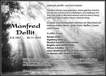 Traueranzeige von Manfred Dellit von Südthüringer Presse