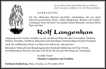 Traueranzeige von Rolf Langenhan von Südthüringer Presse