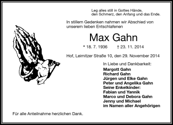Traueranzeige von Max Gahn von Frankenpost