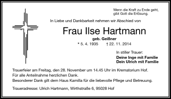Traueranzeige von Ilse Hartmann von Frankenpost