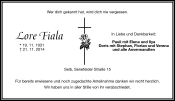 Traueranzeige von Lore Fiala von Frankenpost