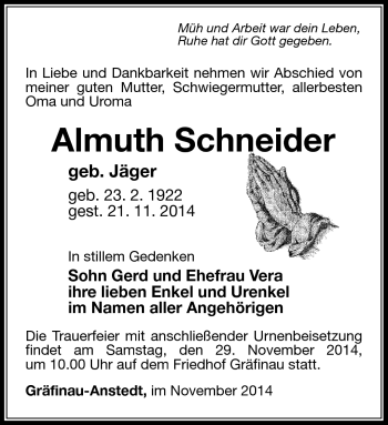 Traueranzeige von Almuth Schneider von Südthüringer Presse