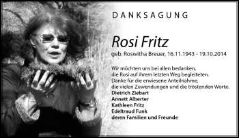 Traueranzeige von Rosi Fritz von Südthüringer Presse