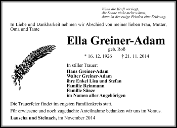 Traueranzeige von Ella Greiner-Adam von Südthüringer Presse