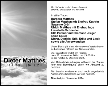 Traueranzeige von Dieter Matthes von Südthüringer Presse
