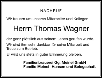 Traueranzeige von Thomas Wagner von Frankenpost
