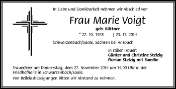 Traueranzeige von Marie Voigt von Frankenpost