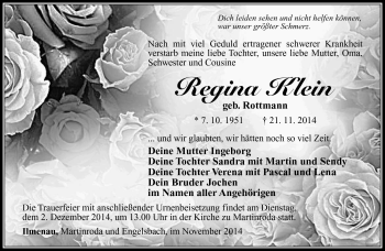 Traueranzeige von Regina Klein von Südthüringer Presse