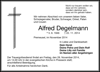 Traueranzeige von Alfred Degelmann von Frankenpost