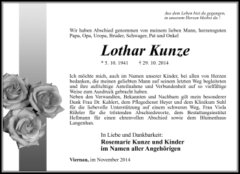 Traueranzeige von Lothar Kunze von Südthüringer Presse