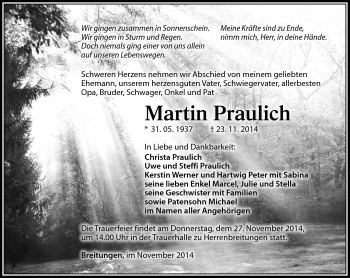 Traueranzeige von Martin Praulich von Südthüringer Presse
