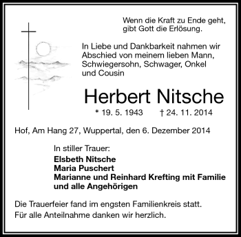 Traueranzeige von Herbert Nitsche von Frankenpost