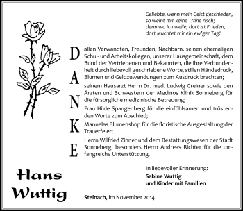 Traueranzeige von Hans Wuttig von Südthüringer Presse