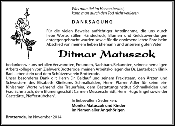 Traueranzeige von Ditmar Matuszok von Südthüringer Presse