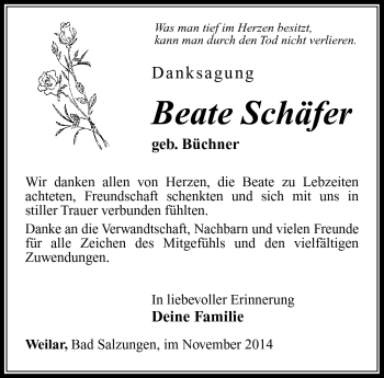 Traueranzeige von Beate Schäfer von Südthüringer Presse