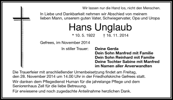 Traueranzeige von Hans Unglaub von Frankenpost