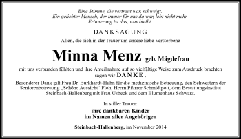 Traueranzeige von Minna Menz von Südthüringer Presse
