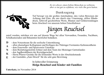 Traueranzeige von Jürgen Reuchsel von Südthüringer Presse