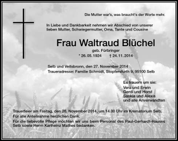 Traueranzeige von Waltraud Blüchel von Frankenpost