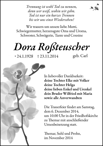 Traueranzeige von Dora Roßteuscher von Südthüringer Presse