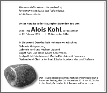 Traueranzeige von Alois Kohl von Neue Presse Coburg