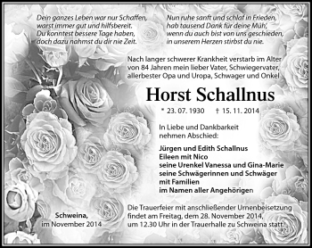 Traueranzeige von Horst Schallnus von Südthüringer Presse