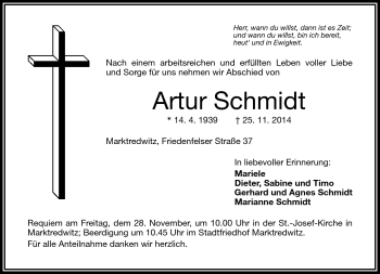 Traueranzeige von Artur Schmidt von Frankenpost