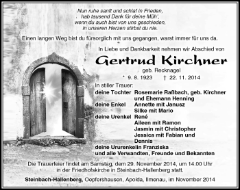 Traueranzeige von Gertrud Kirchner von Südthüringer Presse
