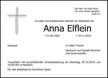 Traueranzeige von Anna Elflein von Neue Presse Coburg