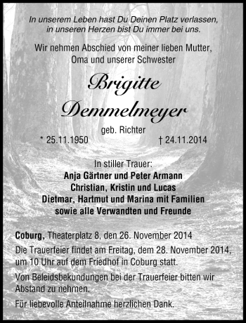 Traueranzeige von Brigitte Demmelmeyer von Neue Presse Coburg