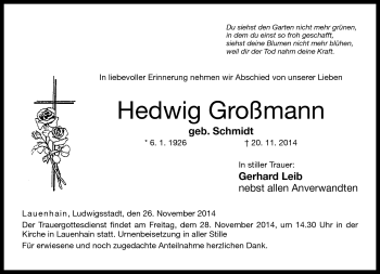 Traueranzeige von Hedwig Großmann von Neue Presse Coburg