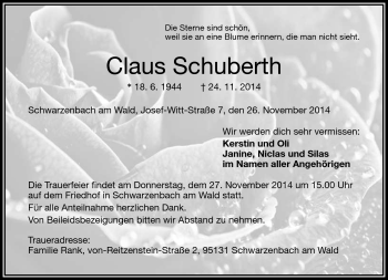 Traueranzeige von Claus Schuberth von Frankenpost