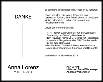 Traueranzeige von Anna Lorenz von Frankenpost