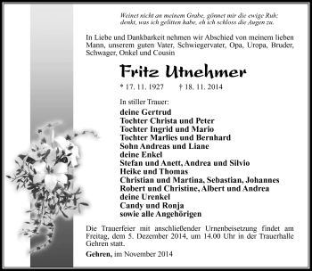 Traueranzeige von Fritz Utnehmer von Südthüringer Presse