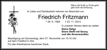 Traueranzeige von Friedrich Fritzmann von Frankenpost