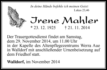 Traueranzeige von Irene Mahler von Südthüringer Presse
