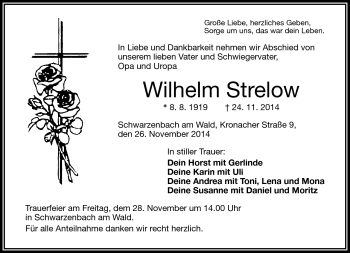Traueranzeige von Wilhelm Strelow von Frankenpost