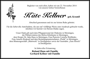 Traueranzeige von Käte Kellner von Südthüringer Presse