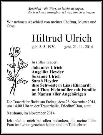Traueranzeige von Hiltrud Ulrich von Südthüringer Presse